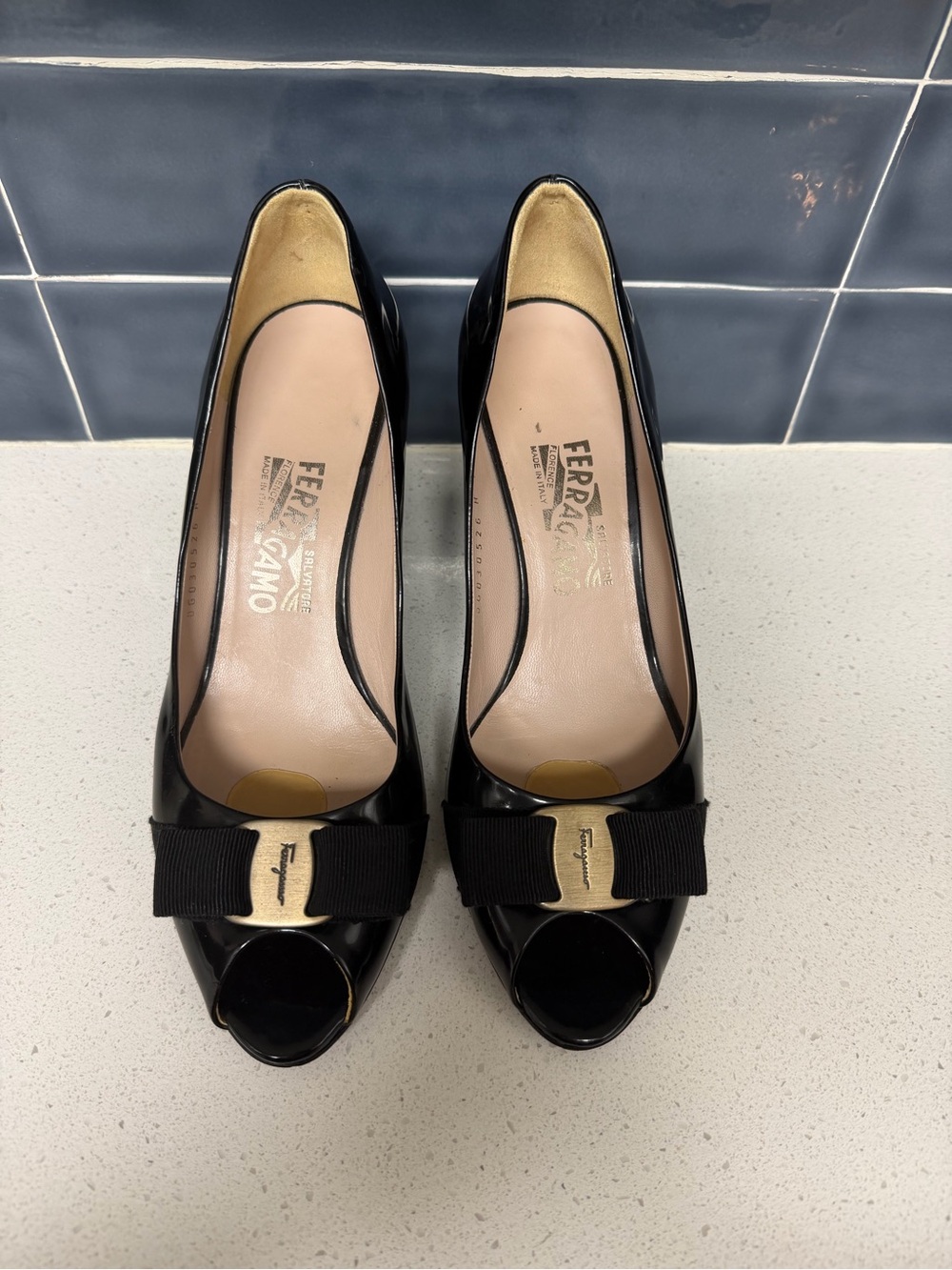 Salvatore Ferragamo Black Patent Peep Toe Bow Pumps Size 8 B